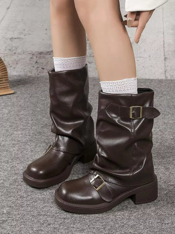 Style With Tops,Women's Black Fashion Ankle Boots, New Design With Buckle, European And American Niche Market, Chunky Heel Thick Sole, Lightweight, Western-Style Wrinkle Boots For Fall/Winter, Retro Motorcycle Boots, Brown Color, Slim Fit