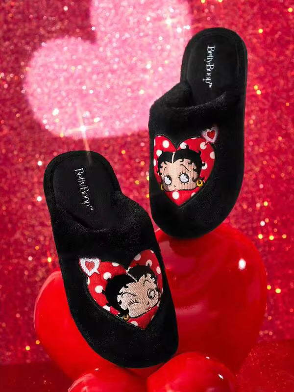 Betty Boop x SHEIN Cartoon Character Embroidery & Polka Dot Heart Design Black Plush Women's Slippers For Home, Soft & Comfortable, Suitable Spring Autumn Winter, Valentine's Day ,Gift Ideas, Party, Holiday, Valentine's Day, Winter