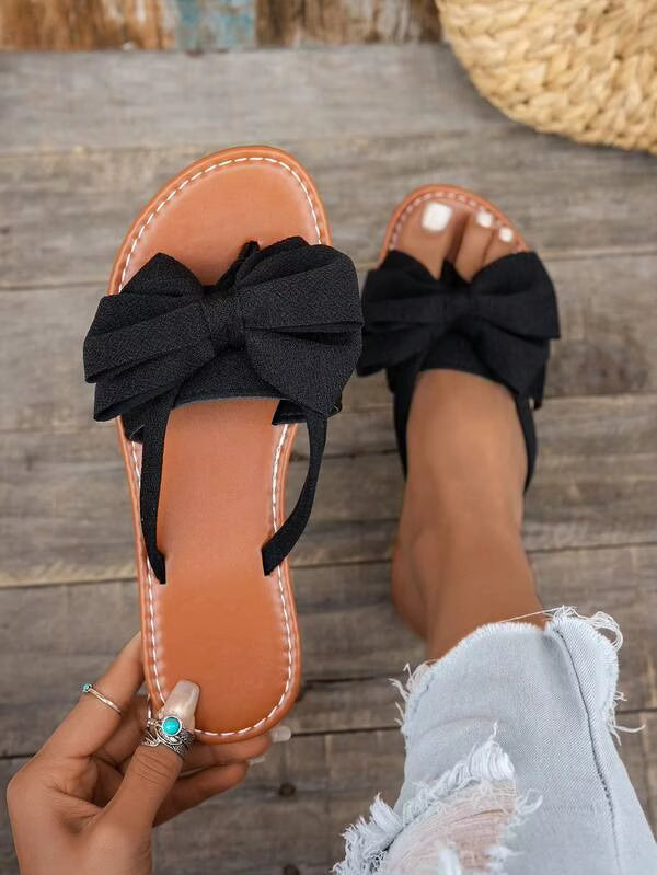 Women's Flat Bow Thong Sandals, Elegant And Comfortable Flat Casual Beach Slippers For Summer,Flip Flops