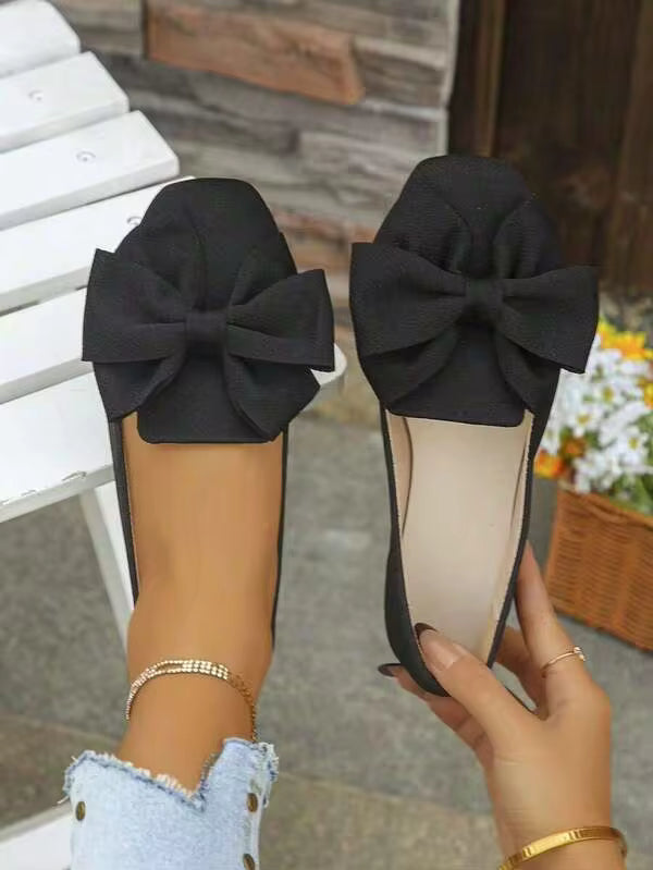 Women's Bow Toe Wide Ballet Flat Shoes, Comfortable Loafers, Elegant Suitable For Spring And Summer Daily Life, Office, Black Wide Shoes